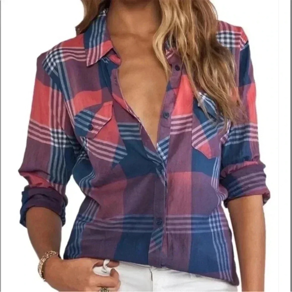 Rails Ashton Red & Blue Ombre Dye Button Down Cotton Blouse Size XS - Picture 1 of 6